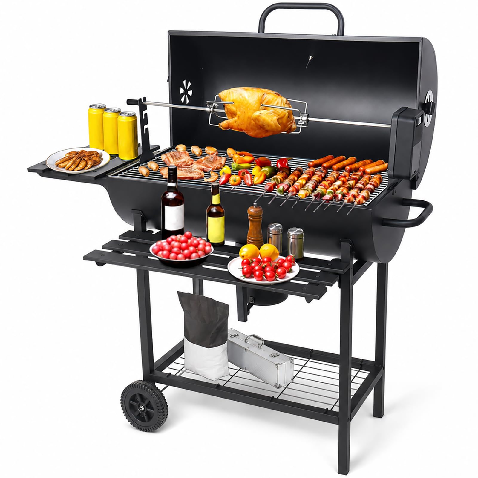 Barbecue carbone con girarrosto elettrico, carrello per barbecue da esterno