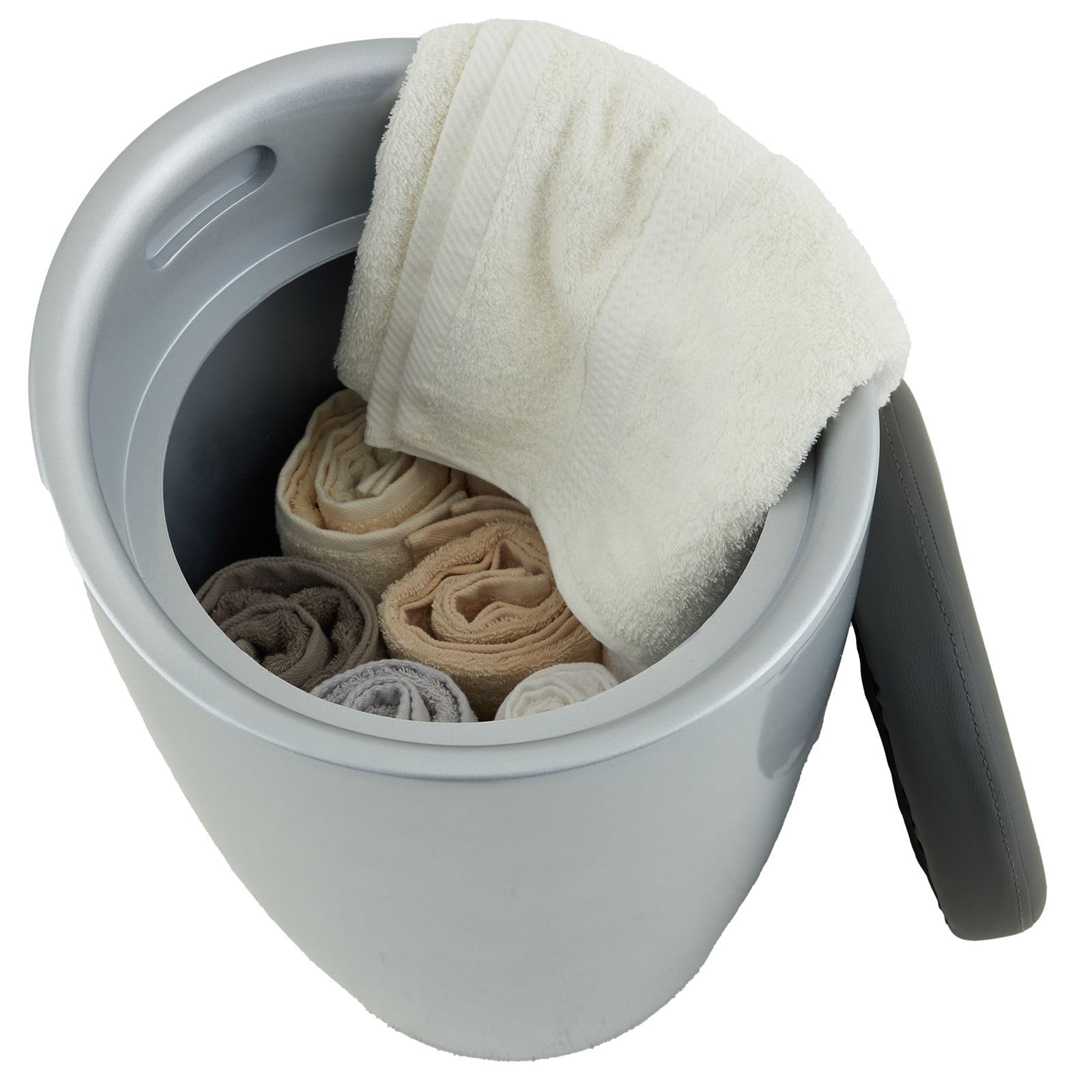 IDIMEX Tabouret Daniel Pouf Rond Coffre de Rangement Panier à Linge siège avec Assise rembourrée, Structure en Plastique Gris et revêtement synthétique Gris