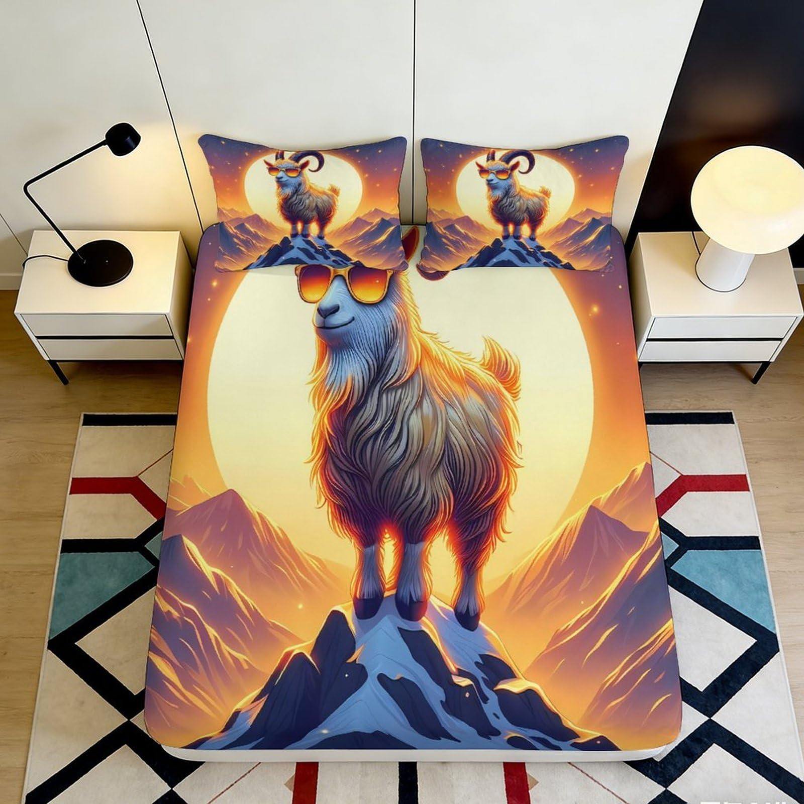 3D Printed Mountain Goat Fitted Sheet Microfiber Soft Durable Sunglasses Bed Cover for Bedroom Dorm Decor Protection 90x200x25cm