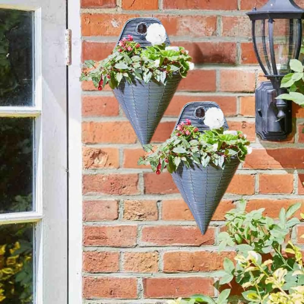 Garden Mile 2 Pack Slate Wall Mount Flower Basket - 14" Waterproof Rattan Hanging Basket - Durable Outdoor Basket For Garden Planter, Patio Decorations, Artificial Flowers, Outdoor Plants & Flowers