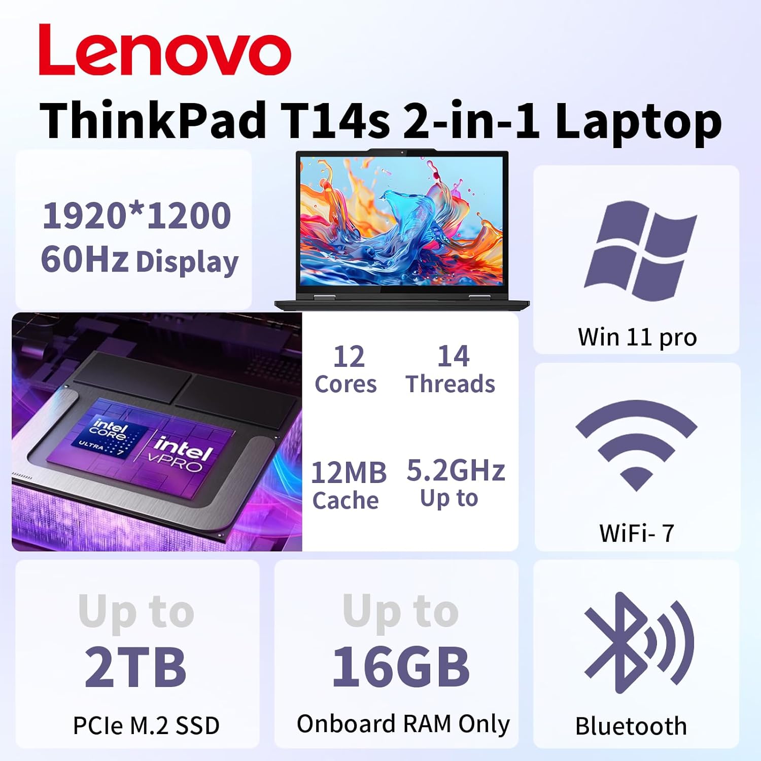 Lenovo ThinkPad T14s 2-in-1 Business Laptop,Intel Core Ultra 7 255U, 14" FHD+ Touchscreen, 16GB RAM, 2TB SSD, 5MP IR Camera, Fingerprint, Backlit, Wi-Fi 7, HDMI, Windows 11 Pro, 7-in-1 Hub Bundle