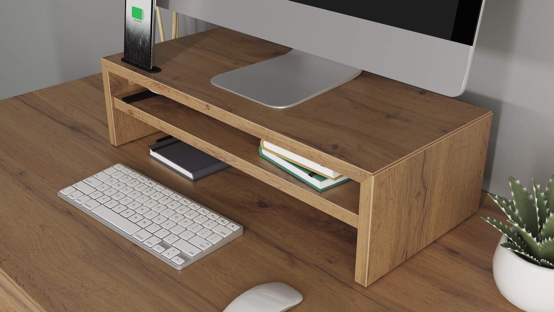 Mobili Fiver, Supporto per monitor Riki da scrivania, h.15 cm, color Rovere Rustico, Made in Italy