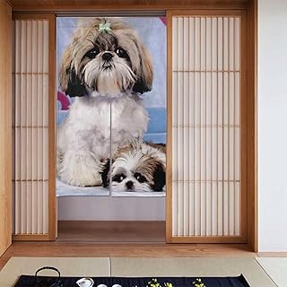 のれん 目隠し シー・ズー 犬柄 母と息子 可愛い 玄関 キッチ リビング 飲食店 出入り口 カーテン 隙間風遮断 保温 防音 厚手 幅86丈143cm 四季兼用