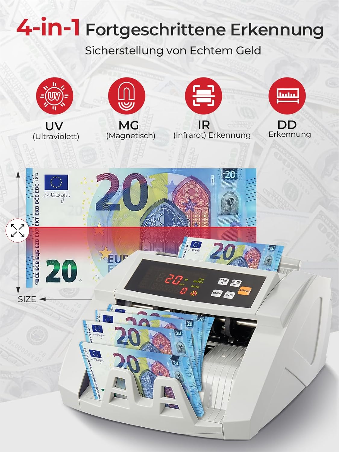 Diagram illustrating the 4-in-1 advanced counterfeit detection features: UV (Ultraviolet), MG (Magnetic), IR (Infrared), and DD (Dimension Detection) sensors, with a banknote being scanned.