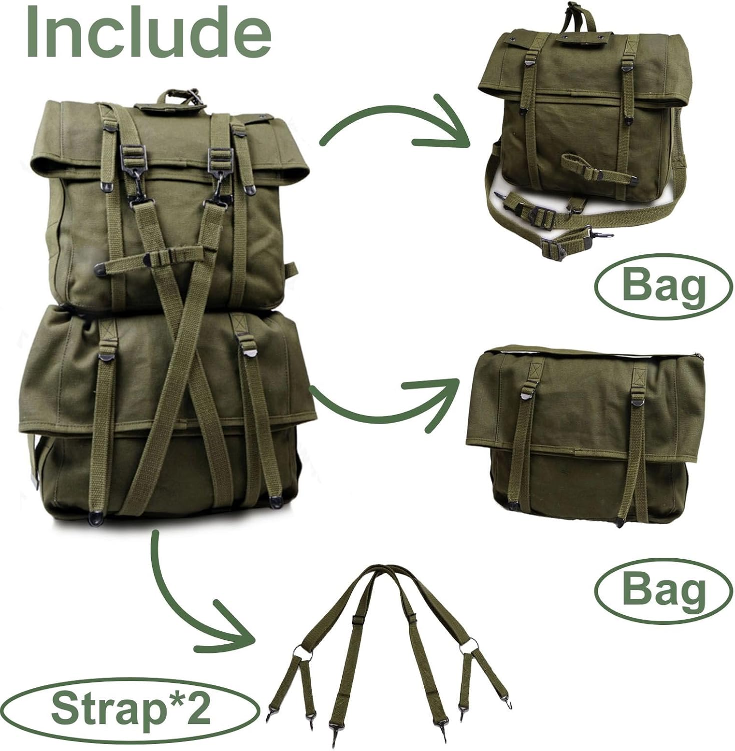 WW2 M-1944 Backpack Combat Haversack Cargo Pack Vintage Olive Large Capacity Canvas Hiking Rucksack WWII US Field Bag