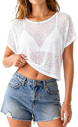 Womens Sheer Mesh Crop Top See Through Short Sleeve Casual Loose Fit Summer Tee Shirt