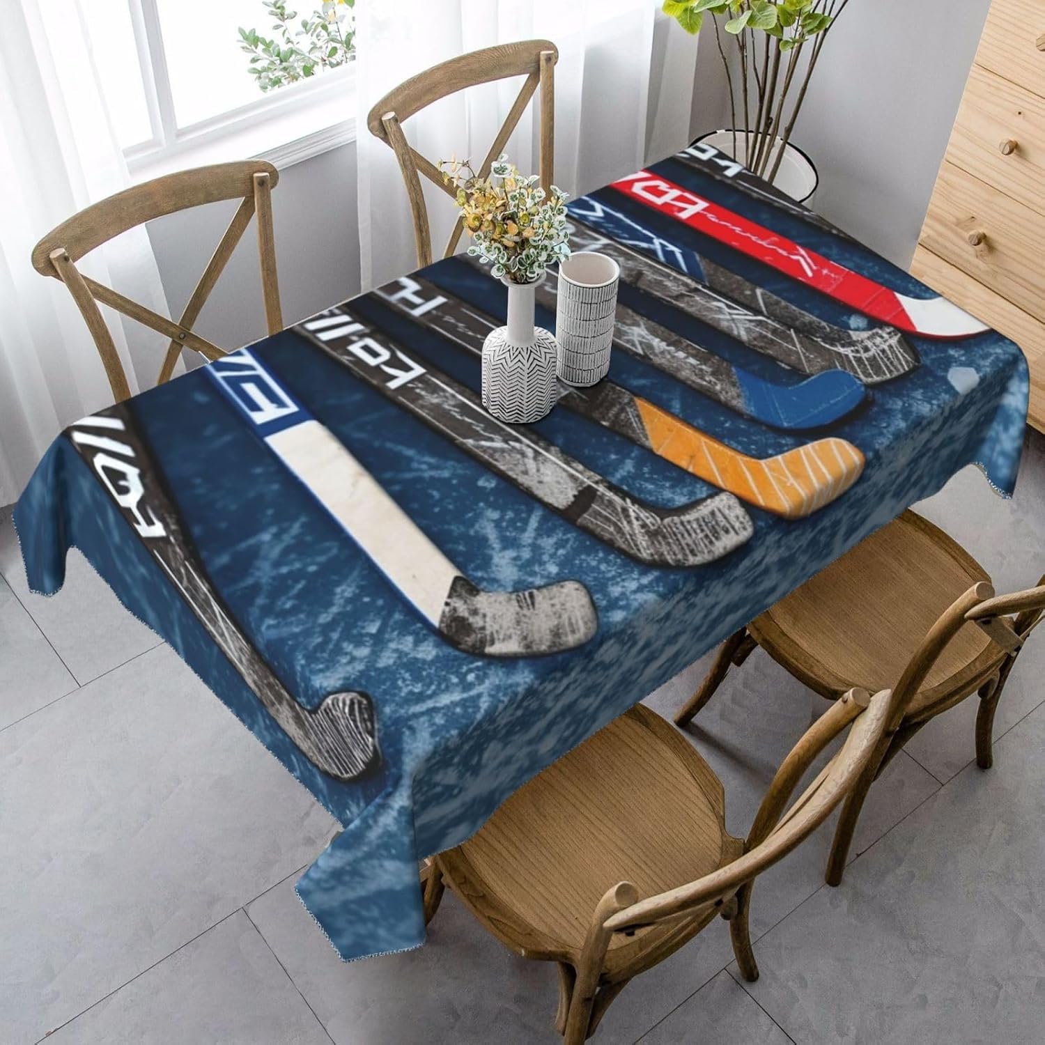 Prostokątny obrus 140 x 300 cm kij hokejowy na lodzie, tkanina poliestrowa odporna na plamy i zmywalna, ochraniacz stołu dla 8-10 osób, do użytku w kuchni, salonie, wewnątrz i na zewnątrz, 5454v
