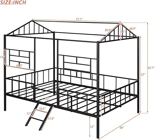 Miniatura 3 de Cama de metal tamaño matrimonial, marco de cama de acero con soporte de listones y escalera para niños, adultos, dormitorio, no necesita somier,