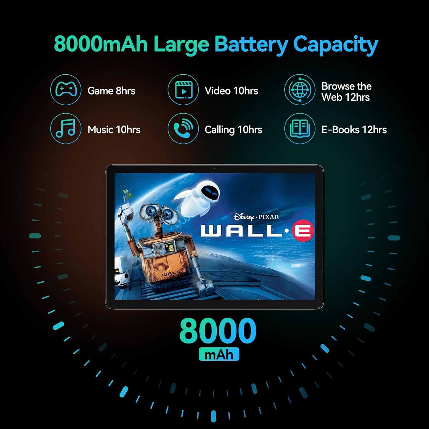 Graphic showing 8000mAh Large Battery Capacity with estimated usage times for games, video, music, calling, e-books, and web browsing.