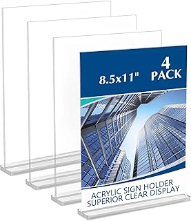 Acrylic Sign Holder 8.5x11 Inches Acrylic Paper Sign Holder Desktop Menu Display Plastic Clear Sign Holder Paper Acrylic Stands Table Stand For Office, Restaurant, Wedding Reception 4 Pack