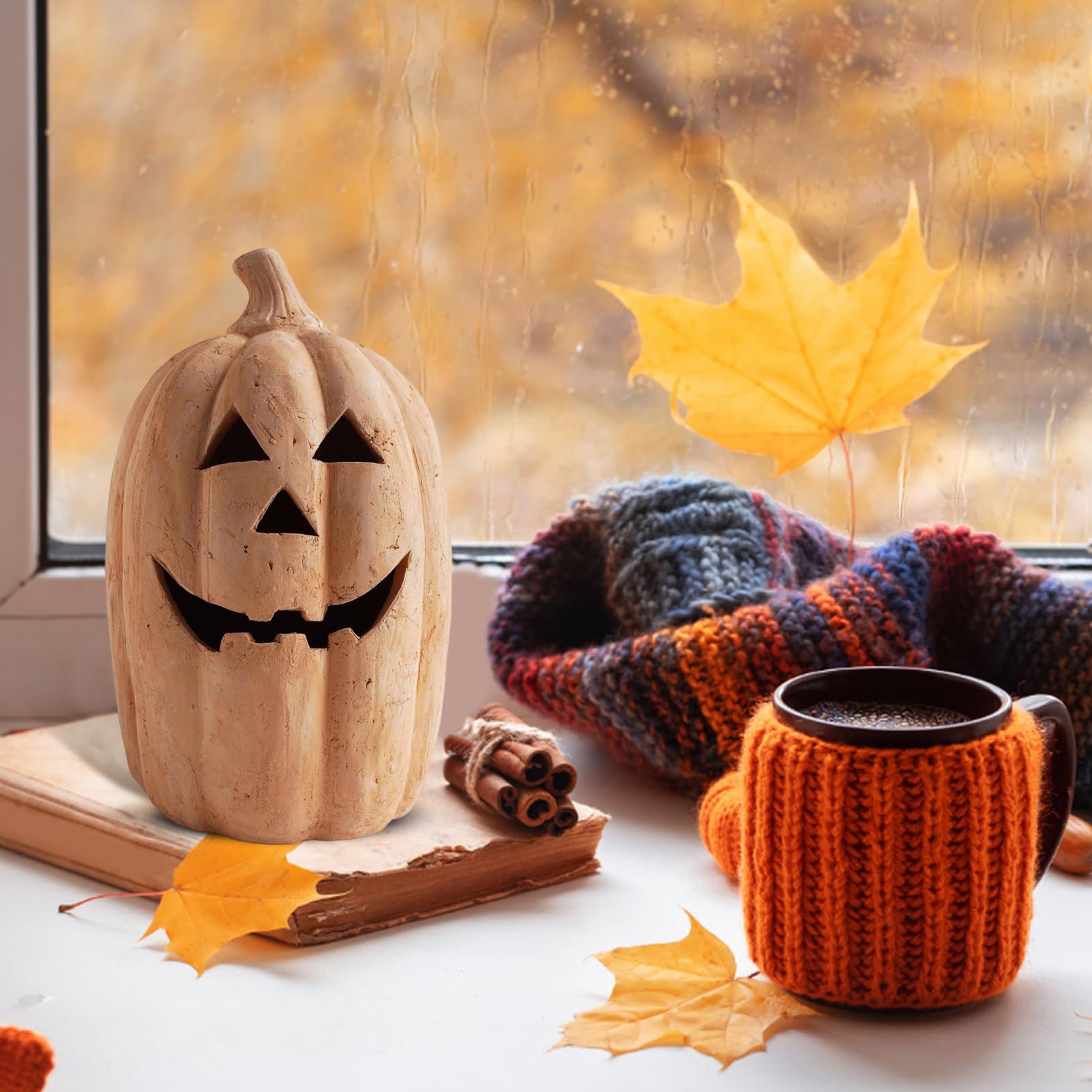 Latarnia dyniowa z terakoty - duża jesienna dekoracja na Halloween - ręcznie robione dekoracje do wnętrz na zewnątrz do drzwi wejściowych, trawnika, imprezy domowej i sypialni