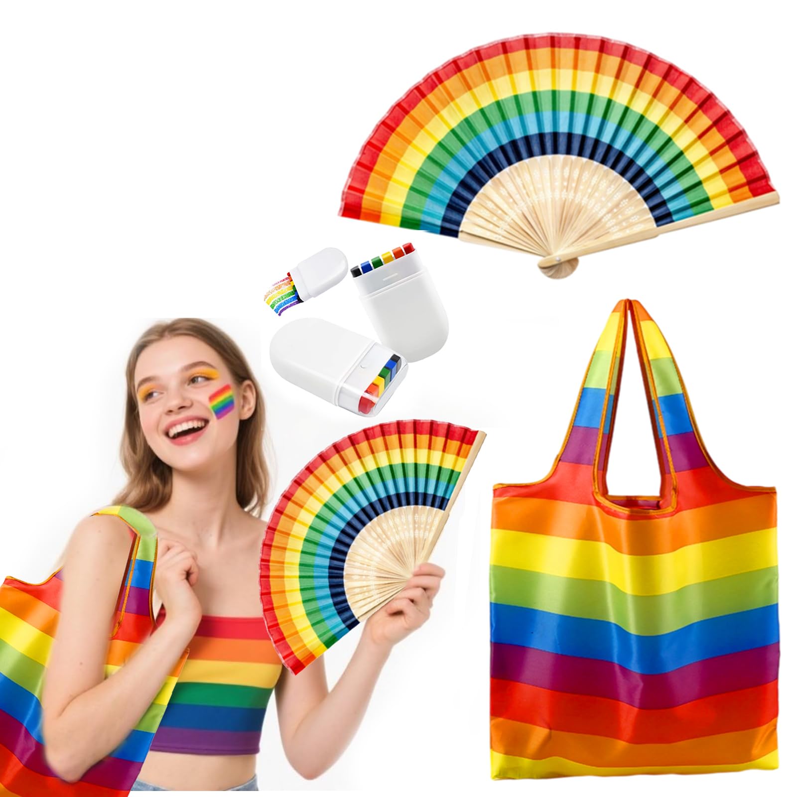 Ensemble d'accessoires de fierté avec peinture faciale de fierté, éventail pliable et réutilisable, sac d'épicerie LGBTQ, accessoires pour défilé du mois de la fierté