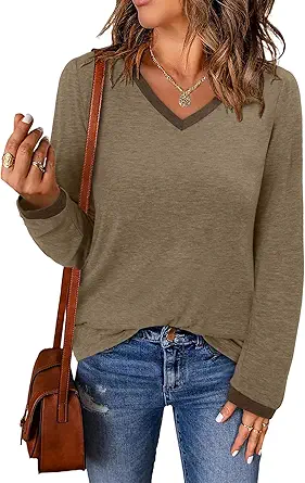 ONLYSHE Women's Casual Striped Long Sleeve Tops Crew Neck Knit Basic Loose Fit T Shirts Fall Fashion Tunic Outfits