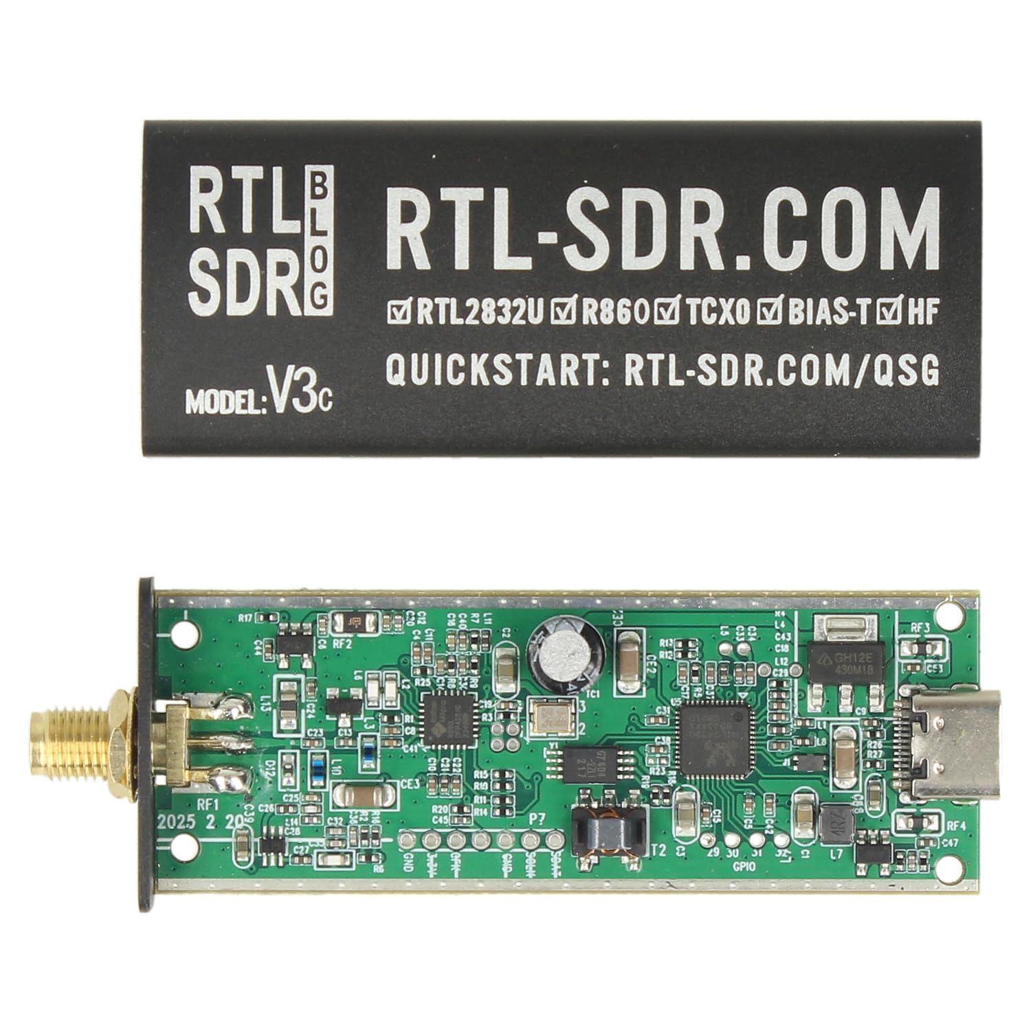 RTL-SDR Blog Radio definida por software V3 R860 RTL2832U 1PPM TCXO SMA (solo dongle) (negro) (USB-C)