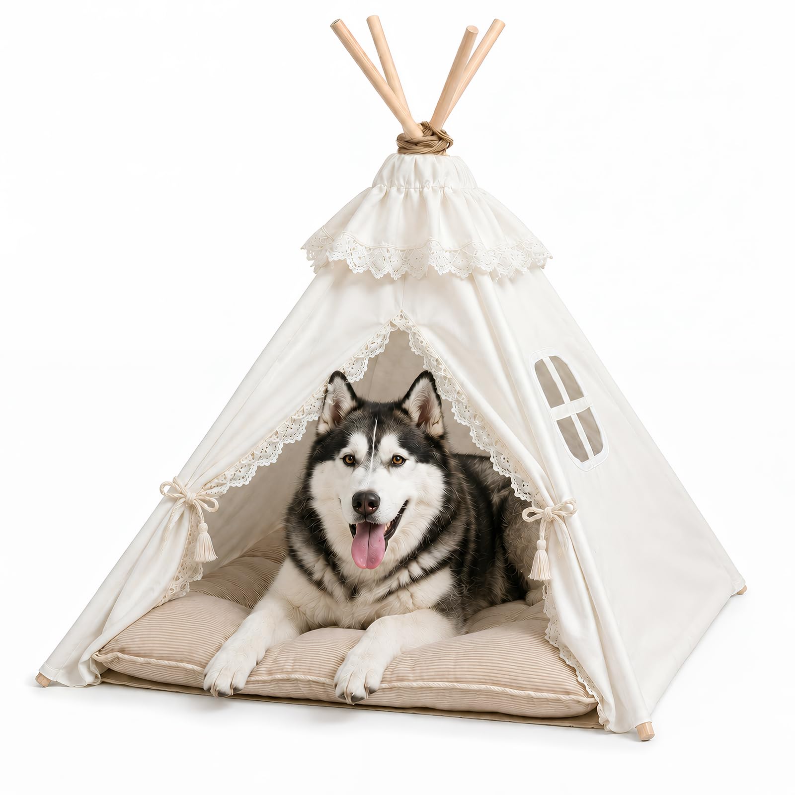 Tipi Zelt für Hunde und Katzen 60x60x70cm, 5-Eckiges Kiefernholz Haustierzelt mit Doppelseitigem Kissen, Waschbare Hundehöhle für Mittelgroße Hunde bis 15kg Indoor, Cremeweiß, 1 Stück