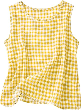 Beessbest Womens Gingham Crop Tank Tops Spring Summer Tank Crew Neck Sleeveless Vest Top Color Block Loose Tanks for Daily