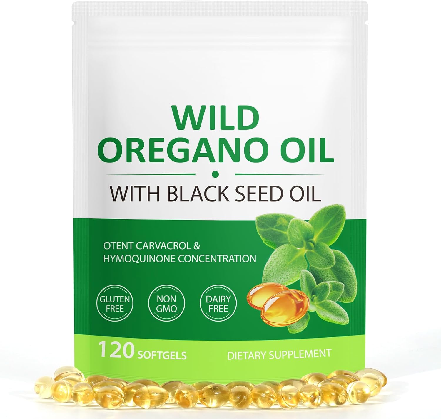 Oil of Oregano with Black Seed Oil, 6000mg Oregano Oil Capsules Organic, with Black Seed Oil 200mg,Wild Oregano Oil Immune and Antioxidant Support,Non-GMO,Gluten Free (120 pieces of white and green)