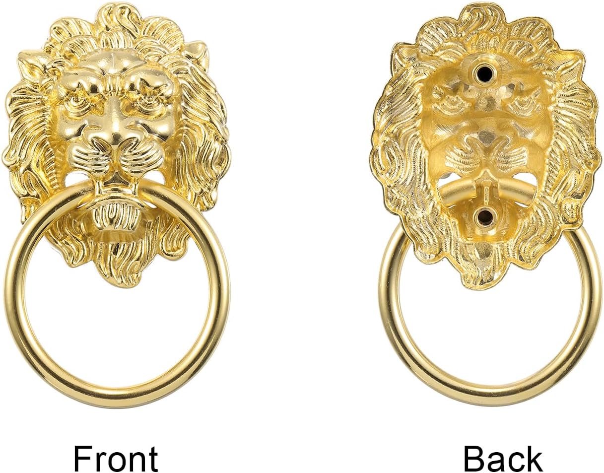 uxcell 2 Pcs Lion Head Pulls Knob, 3.54" x 2" Zinc Alloy Vintage Lion Door Handle Decorative Front Door Knob Ring Pull Handle for Gate Cabinets Drawers, Gold
