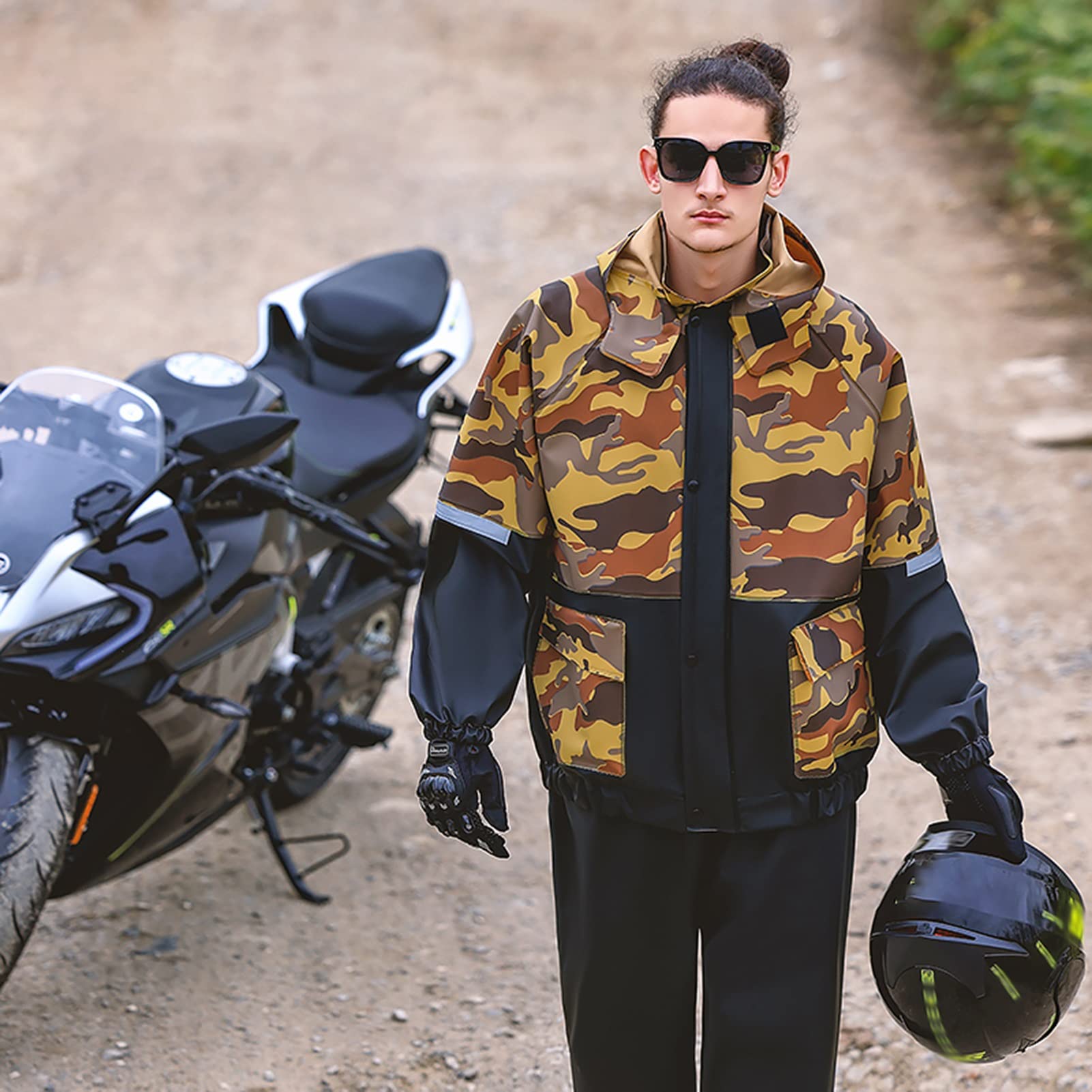 Abiti da Pioggia con Cappuccio Antivento da Ciclismo Moto (Giacca e Pantaloni da Uomo Set da Uomo Impermeabile, Leggero Traspirante Traspirante per Golf, Pesca, Campeggio