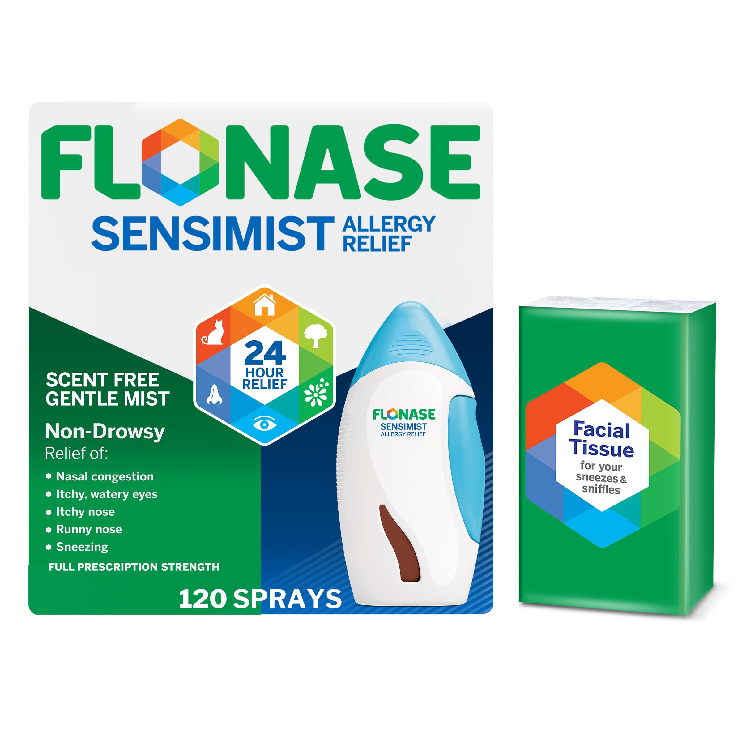 Sensimist Allergy Relief Nasal Spray - Non-Drowsy 24HR Long Lasting Allergy Relief with Fine, Scent-Free Mist - 120 Sprays Plus Bonus Pack of Tissues