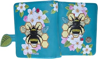 Shag Wear Bumblebee Honeycomb Tattoo Small Womens Wallet, Vegan Faux Leather Bifold with Card Slots, ID Window and Compact Snap Closure in Teal 4.5"