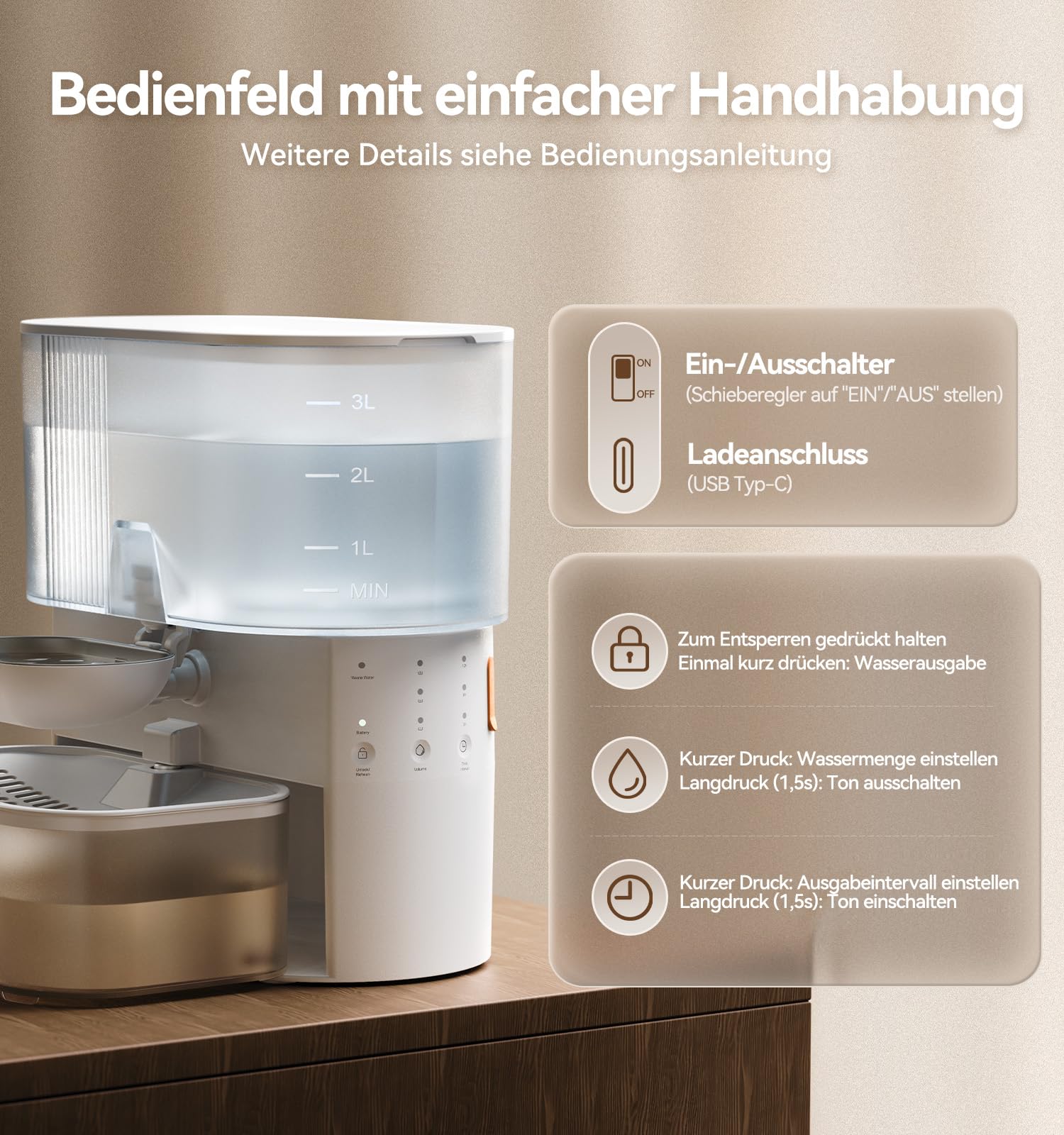 Trinkbrunnen für Katze Kabellos ohne Filter, FEELNEEDY Frischwasser getrennt von Abwasser ohne Wasserkreislauf, 2000mAh Akkubetrieb Katzenbrunnen, Trinkschale aus Edelstahl, 3,5L Tank (Weiß)