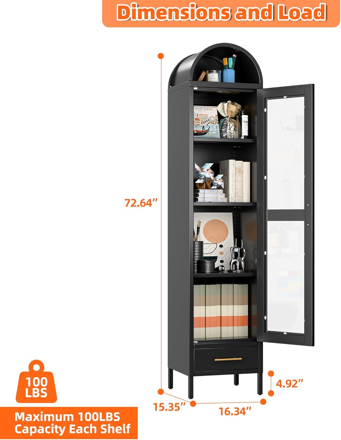 72.64''H Metal Black Arched Cabinet with Glass Doors, Narrow Arched Cabinet with Adjustable Shelves and 1 Drawer for Home Office, Assembly Required,15.35" D x 16.34" W x 72.64" H