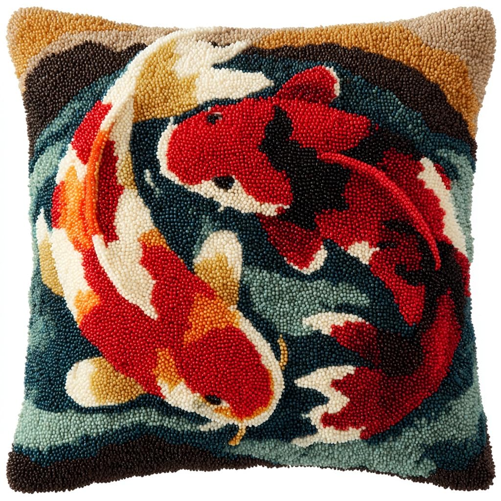 Henypt Latch Hook Pillow Case Kits, Two koi Embroidery Kit DIY Pillow Cushion Cover Latch Hook Cushion Kits for Starters,17x17inch