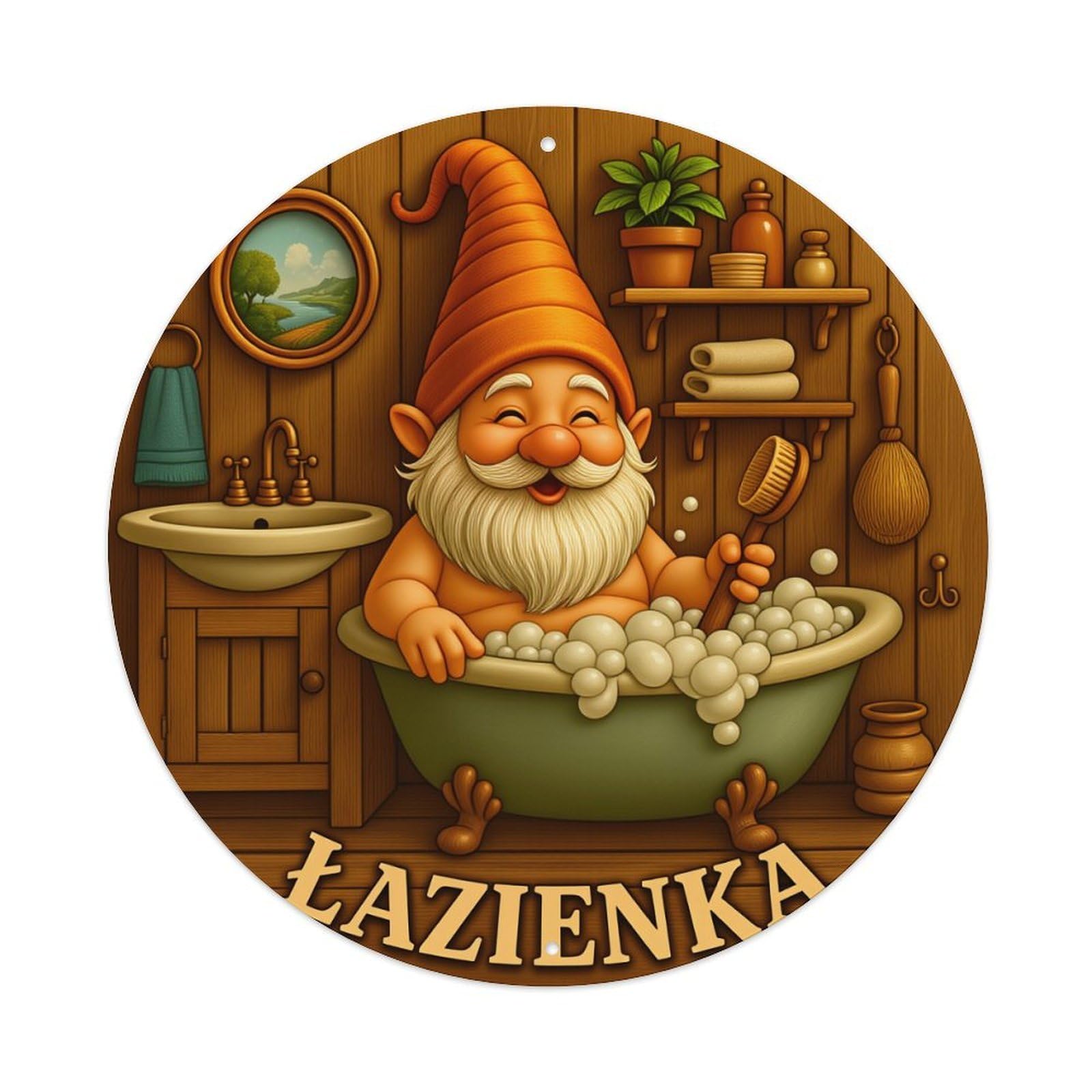 Gnome Bathing In Bubble Tub Round Tin Sign Vintage Metal Poster Retro Bar, Home, Man Cave, Kitchen, Laundry Room Wall Art Decor Gift 8x8Inch