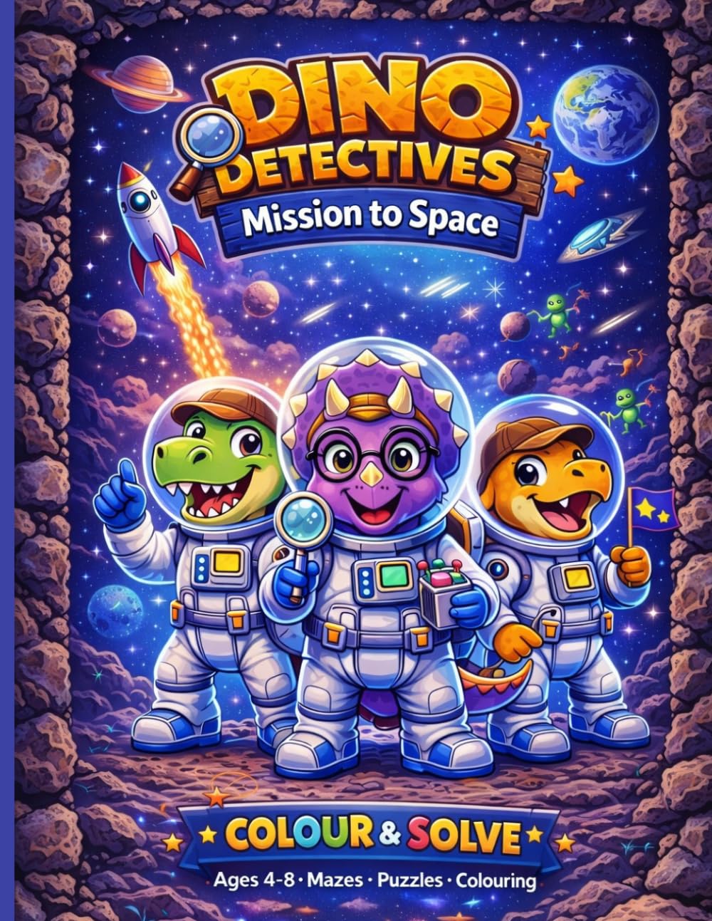 Dino Detectives: Mission To Space: A Colour & Solve Activity Book for Kids Aged 4-8 (Mazes, Puzzles & More)