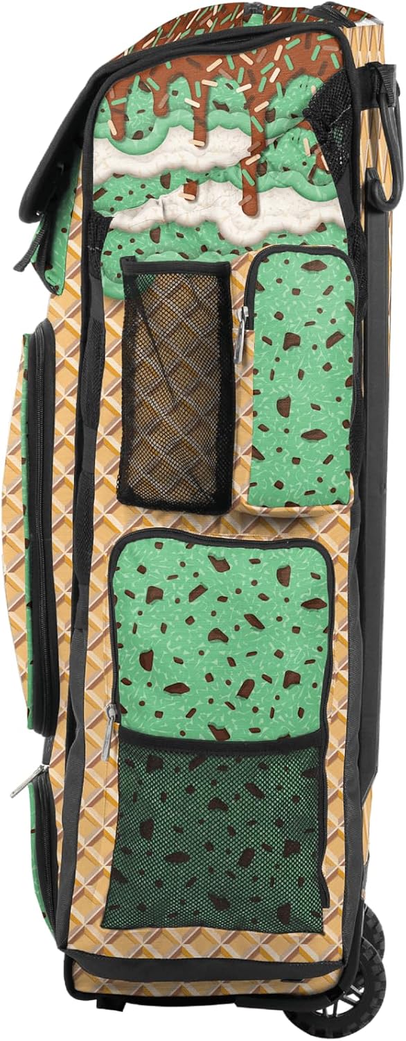 Boombah Superpack XL Rolling Bat Bag - 35.5" x 13.5" x 10" - Telescopic Handle - Holds 8 Bats - Wheeled Version - Ice Cream Mint Chocolate Chip Gold/Mint/Texas Orange