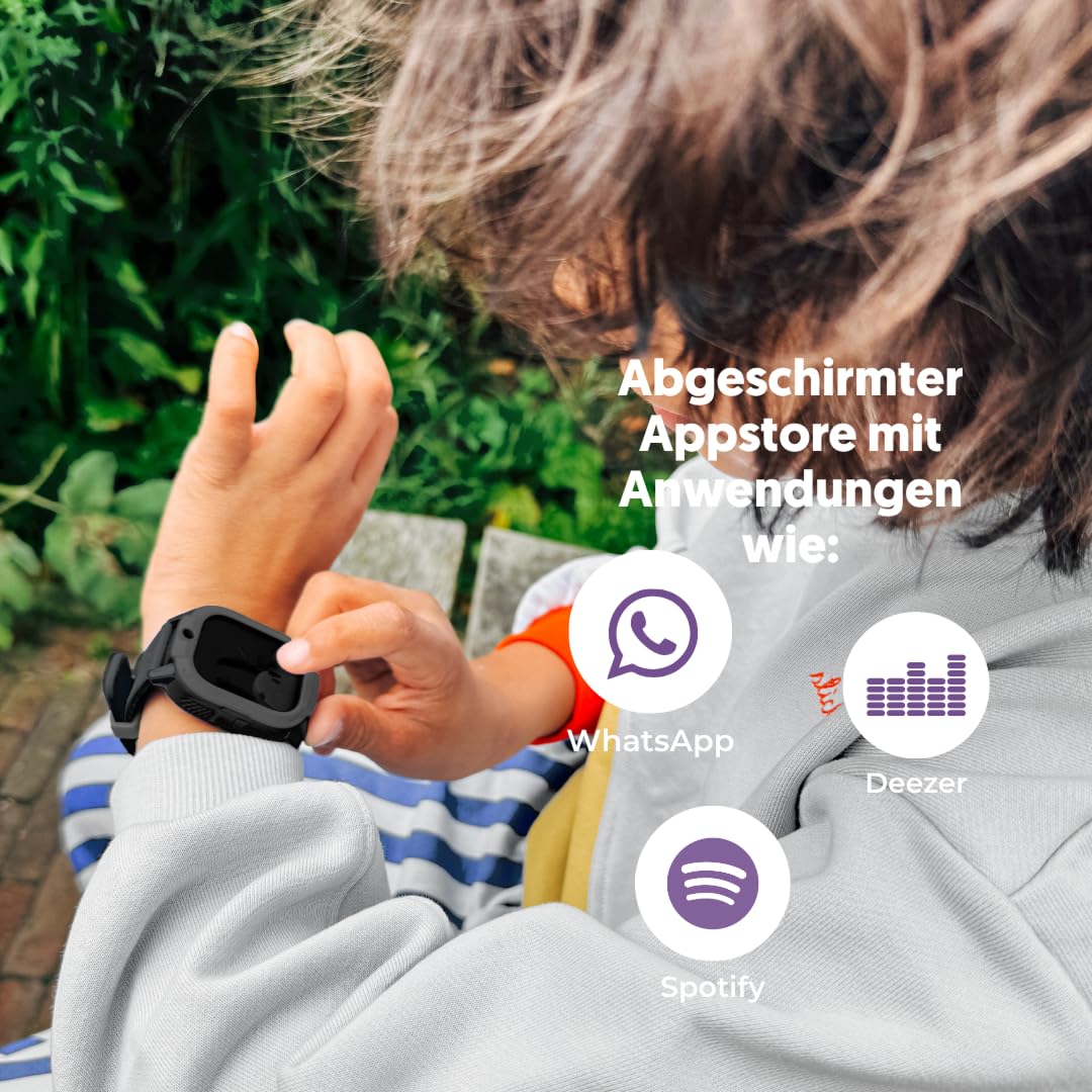 Rebel Cactus Kinder Smartwatch Sky – Moderne Benutzeroberfläche in Schwarz – Kinderuhr mit GPS und größe Speicher, mit einstelbare Zeitlimit und Hintergründe – Wasserdicht (IP67)