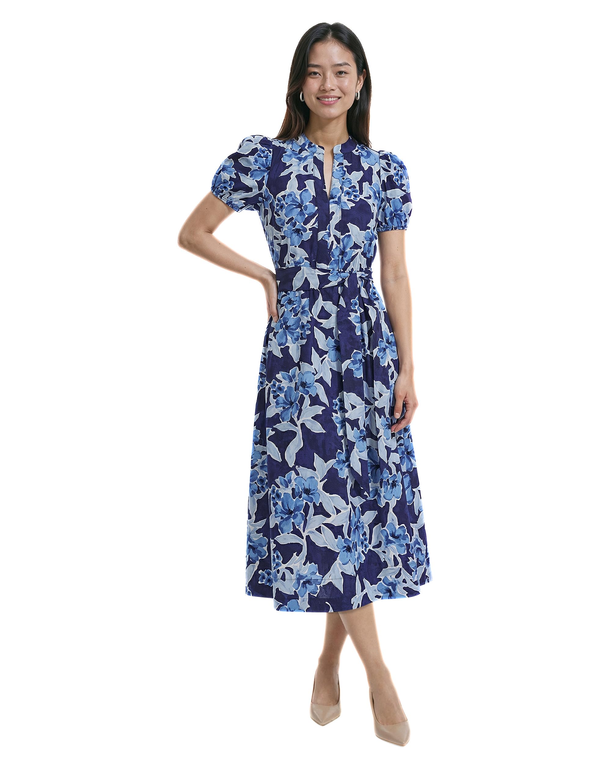 Women's Puff Sleeve A-line Printed Cotton Poplin Midi Dress