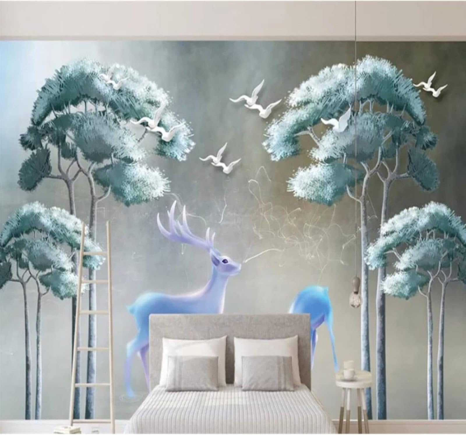XLMING Light Blue Ginkgo Tree Elk Birds in Flight Landscape 3D Wallpaper Luxury Home Dining Decor Paste Sofa Living Room The Wall for Bedroom Mural-430cm×300cm