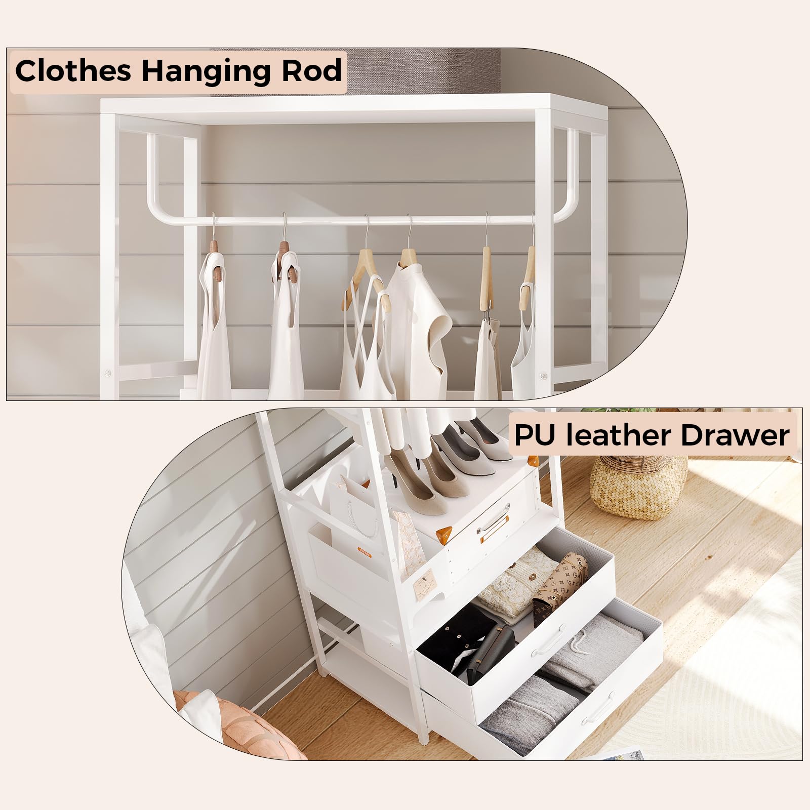VOWNER Appendiabiti da Terra, Mobile Ingresso con Panca, Attaccapanni con Barra e 2 Cassetti, 4 in 1, Stand Appendiabiti in Acciaio Inox, per Corridoio e Camera da Letto, 60 x 40 x 180 cm