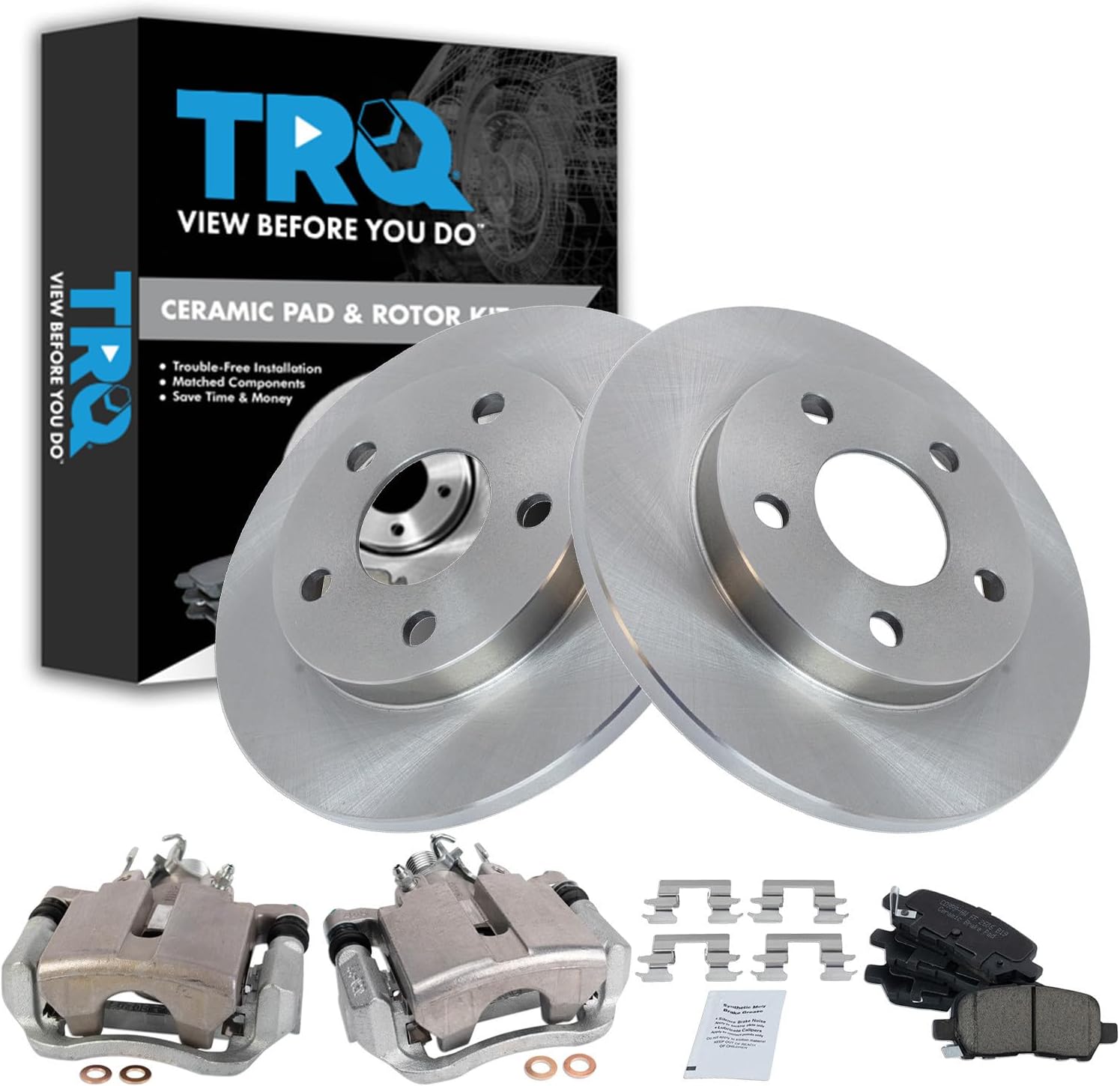TRQ Rear Ceramic Brake Pad Caliper and Rotor Kit for 2004 Pontiac Grand Prix