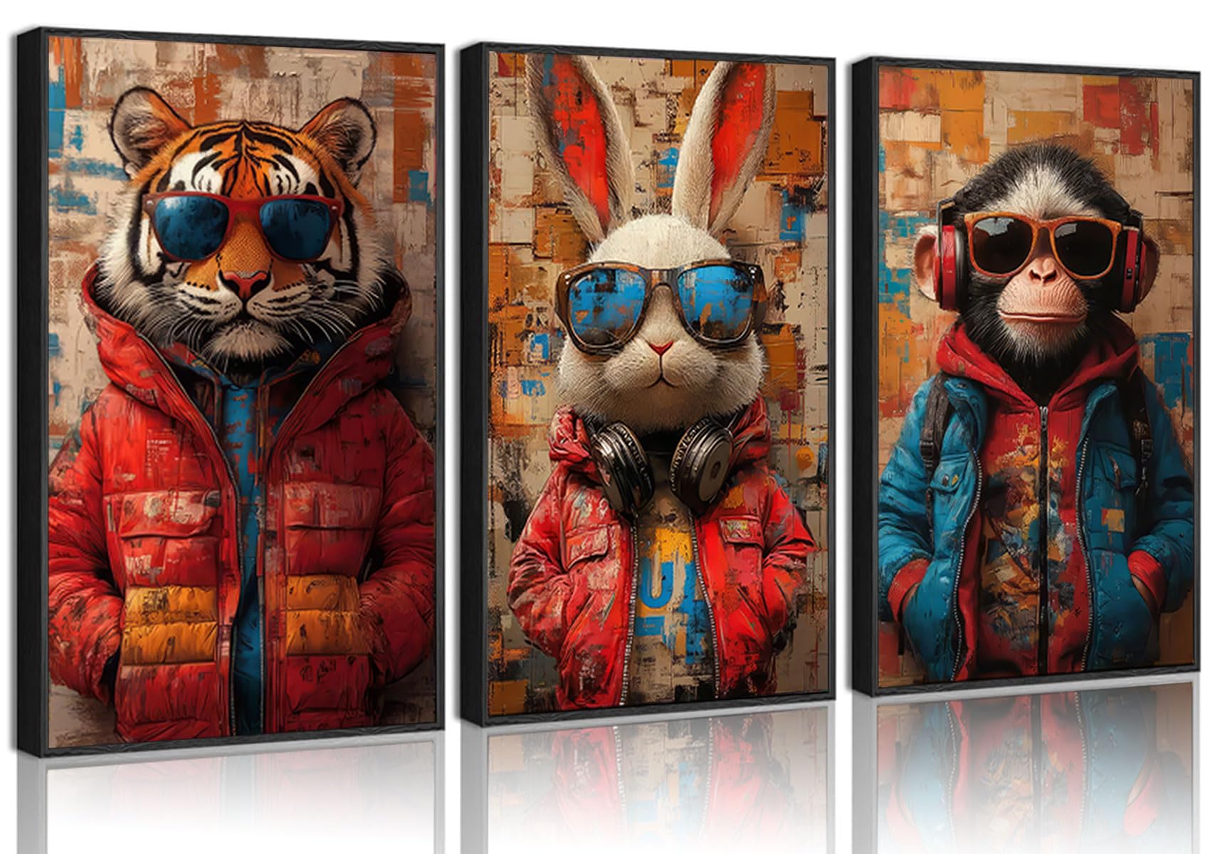 Photo 1 of 3Pcs Graffiti Animal Wall Art Paintings Abstract Canvas Poster Print Colorful Tiger Rabbit Monkey Pictures Funny Animal Wall Decor for Kids Room Game Room 16x24in Unframed