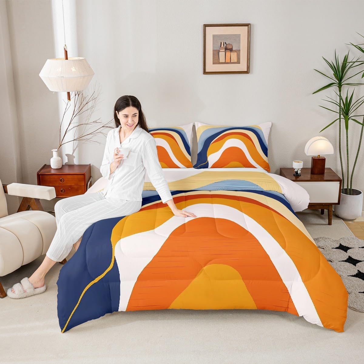 Erosebridal Colorful Ombre Bedding Full Aesthetic Minimalism Comforter Set, Modern Abstract Art Bedding Sets & Collections Multicolor Geometric Stripe Down Comforter, Gold Orange Blue Gradient Bed Set