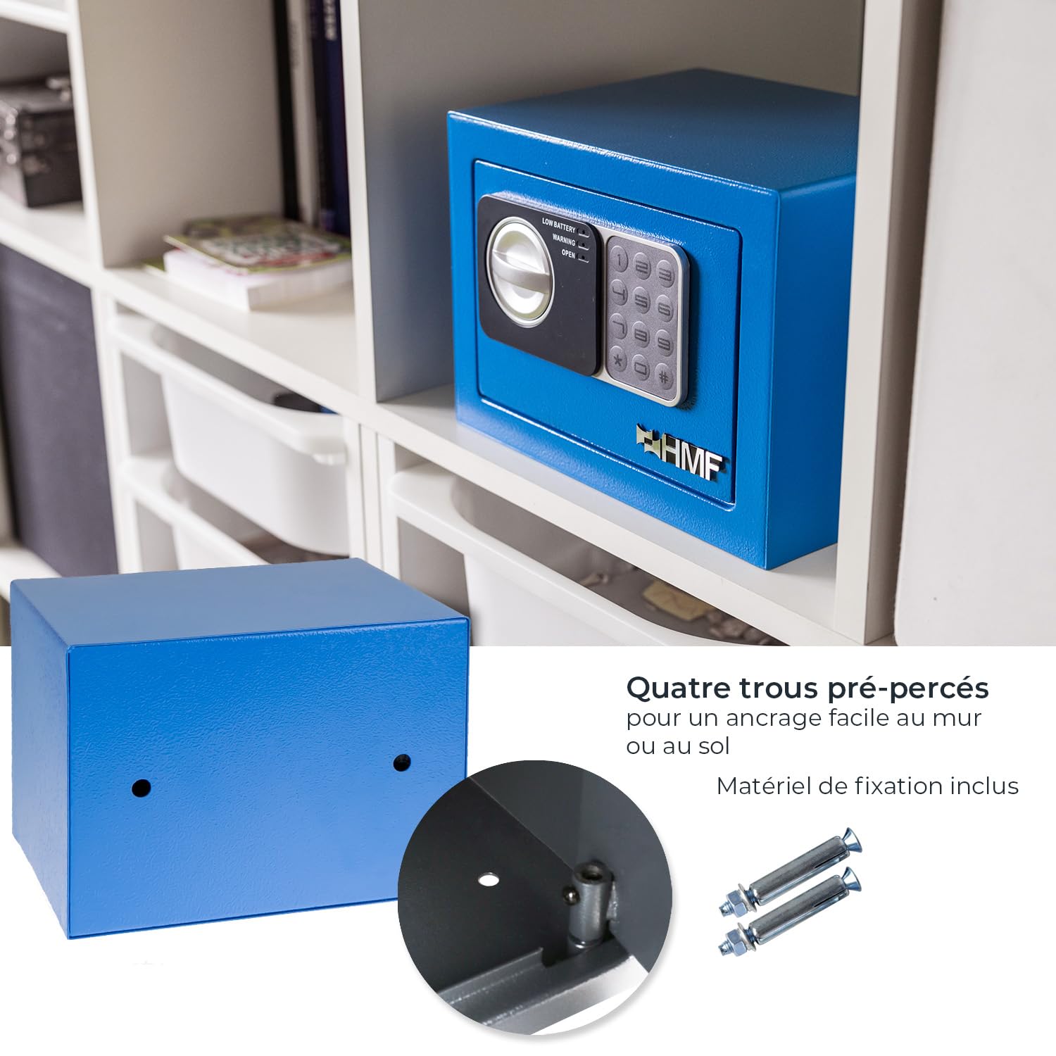 HMF Coffre-fort petit avec serrure à combinaison | 23 x 17 x 17 cm | Bleu