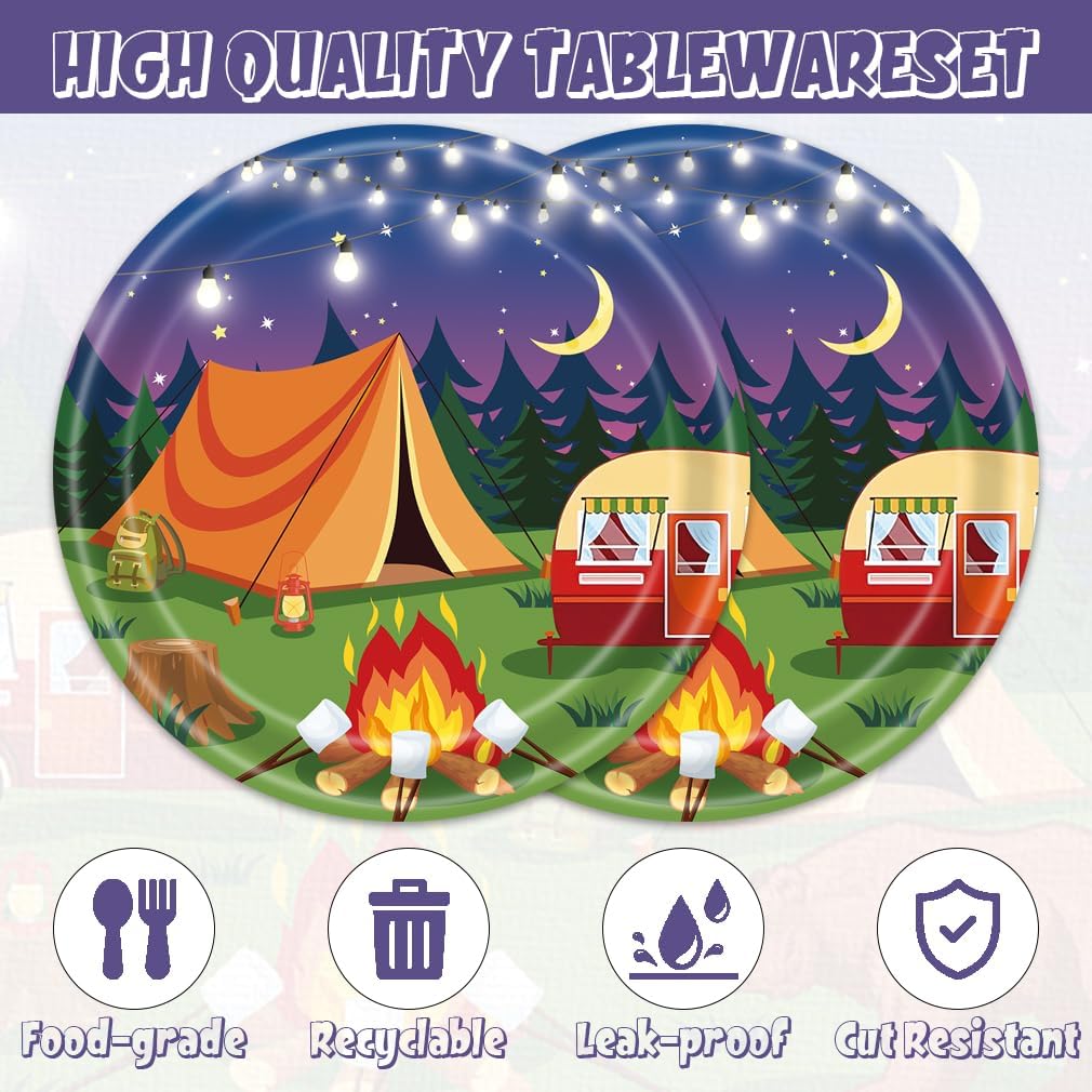 40pcs Camping Party Supplies Campfire Hiking Camper Theme Birthday Paper Plates and Napkins Set for Boys Kids Campfire Barbecue Birthday Party image 4