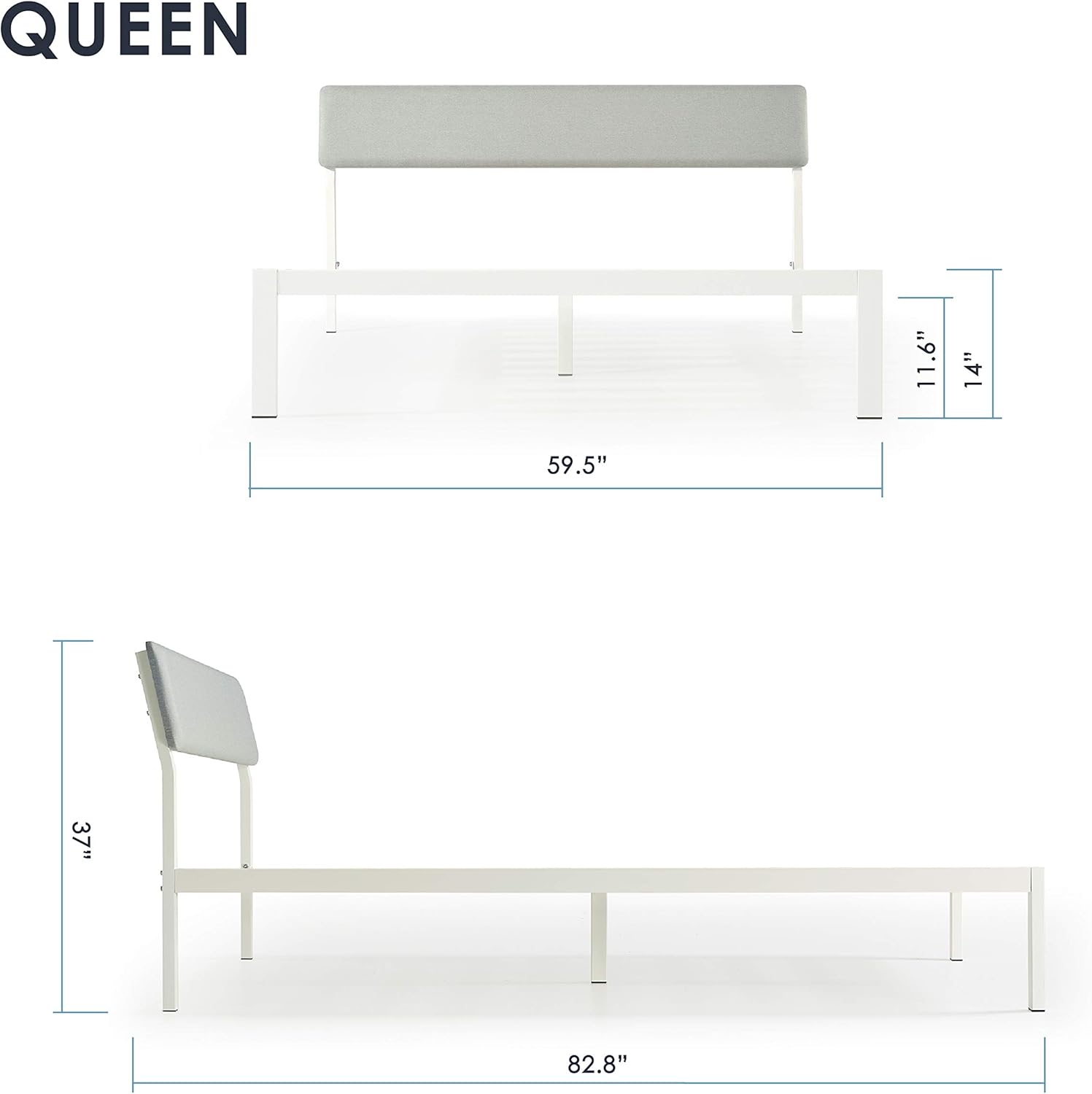 Mellow KERA Metal Platform Bed with Angled Upholstered Headboard, Solid Wooden Slats, Easy Assembly, Sky Grey, Queen (BBPB-WHQ), White