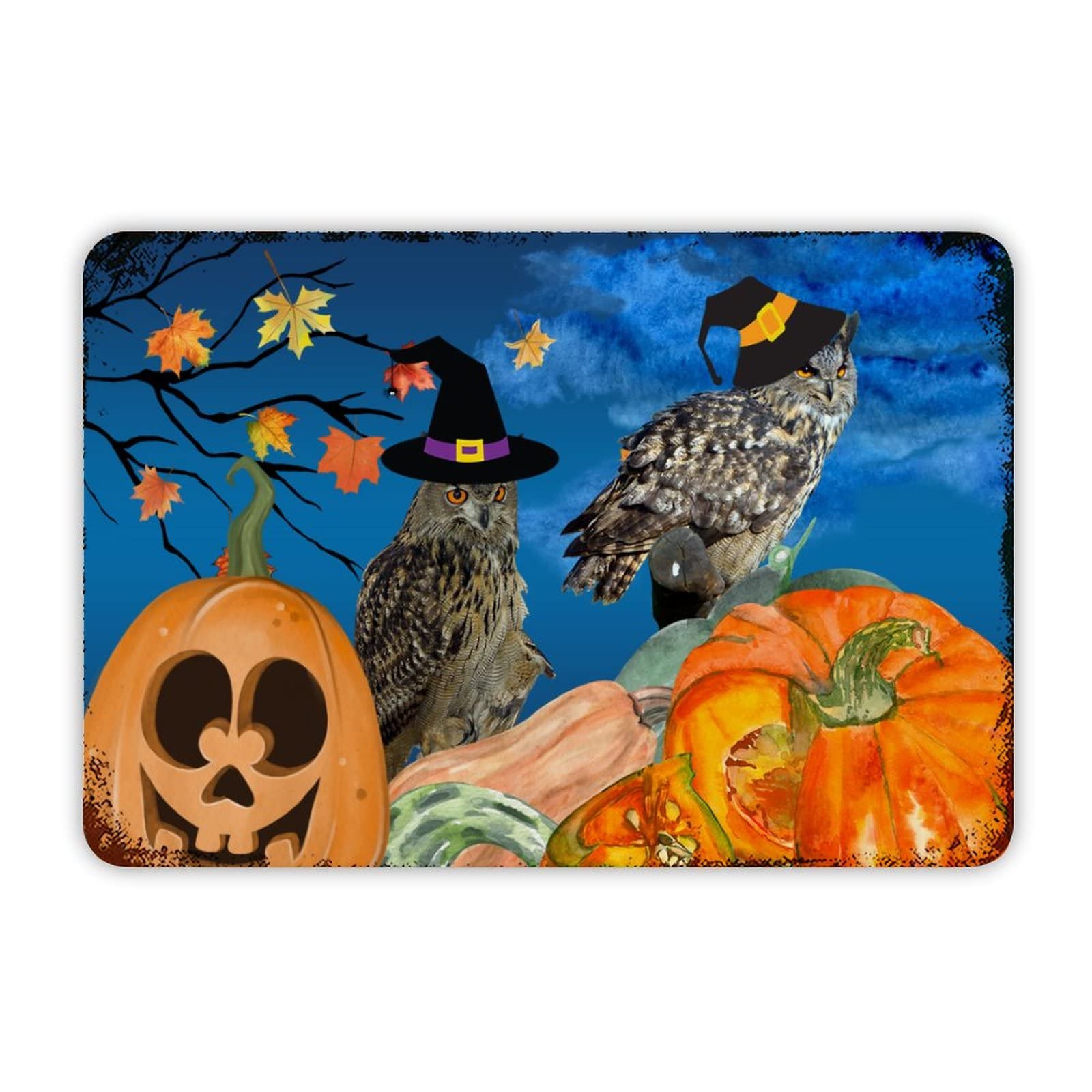 ENEDNATE Halloween Pumpkin and Owl Aluminum Tin Metal Sign for Indoor Outdoor Business Retail Store Patio Yard Home Decoration Easy to Mount Wall Art Print Poster 8x12 Inch