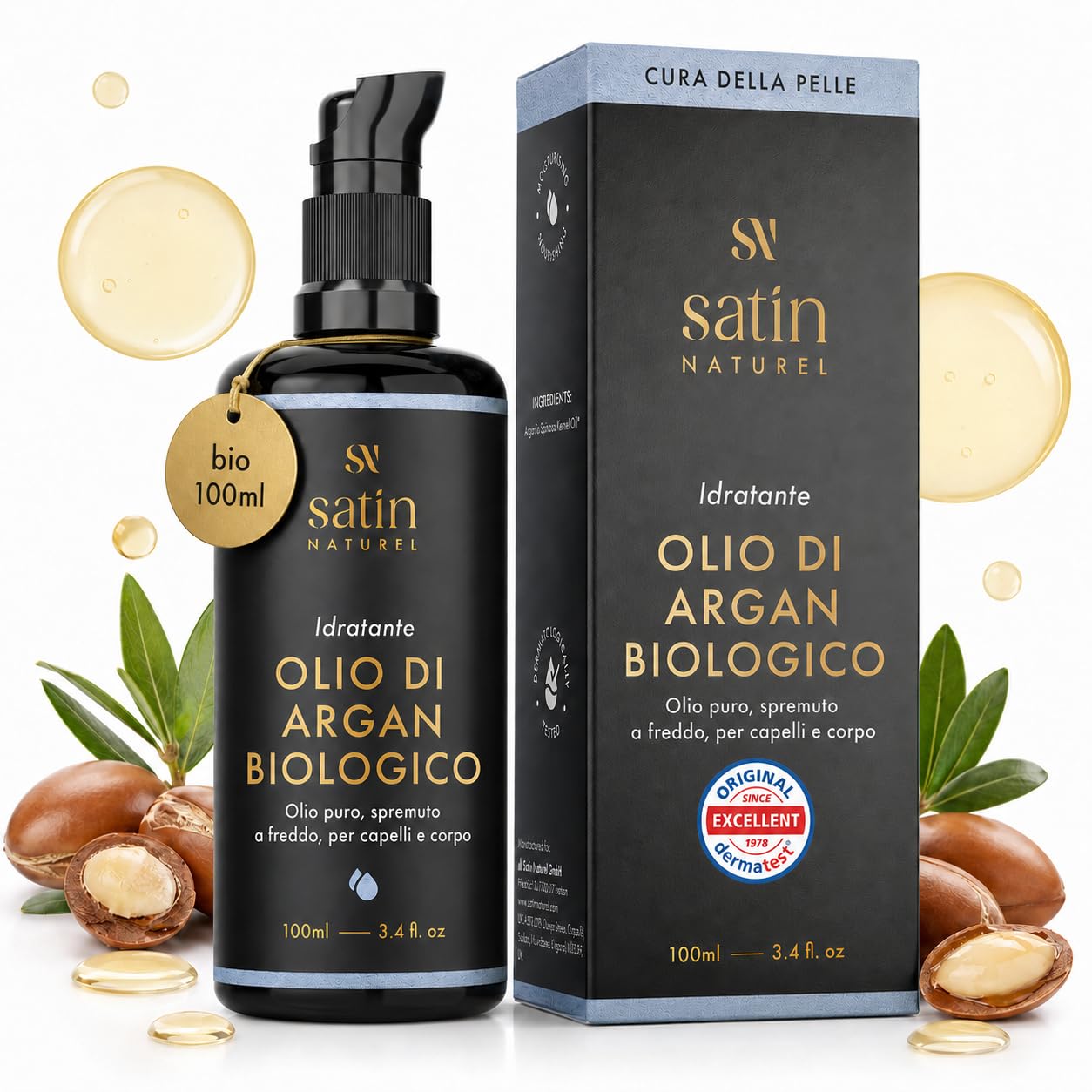 Satin Naturel Olio di Argan Bio 100 ml – 100% Olio Puro Spremuto a Freddo – Olio Naturale per Capelli, Pelle, Unghie & Barba – Olio per Capelli Secchi & Cuoio Capelluto, Certificato Biologico