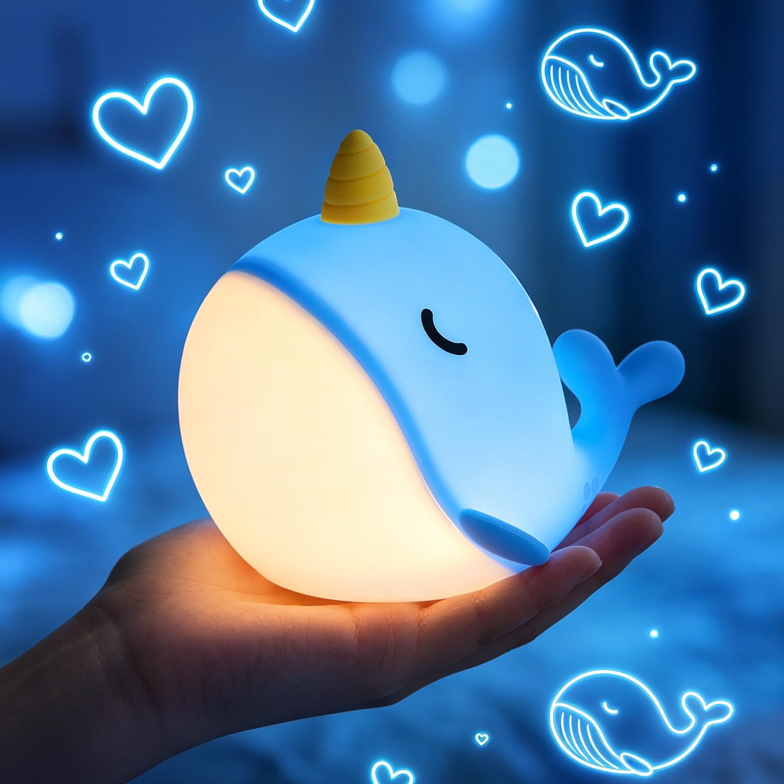 Fuloon Narwhal Night Light with Whale Shape, Squishy Silicone Kids Lamp, Safe & Soothing Touch Control for Kids and Babies, USB-C Rechargeable, 30-Min Auto Timer, Gift Idea (Blue)