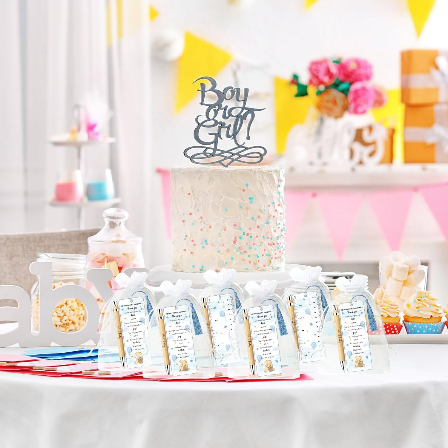 Xendelow 30 Sets Winnie Baby Shower Favors for Guests, Includes 30 Baby Shower Ballpoint Pens 30 Winnie Thank You Bookmarks 30 Organza Bags for Gender Reveal Gifts Guest Prizes, The Pooh Decoration