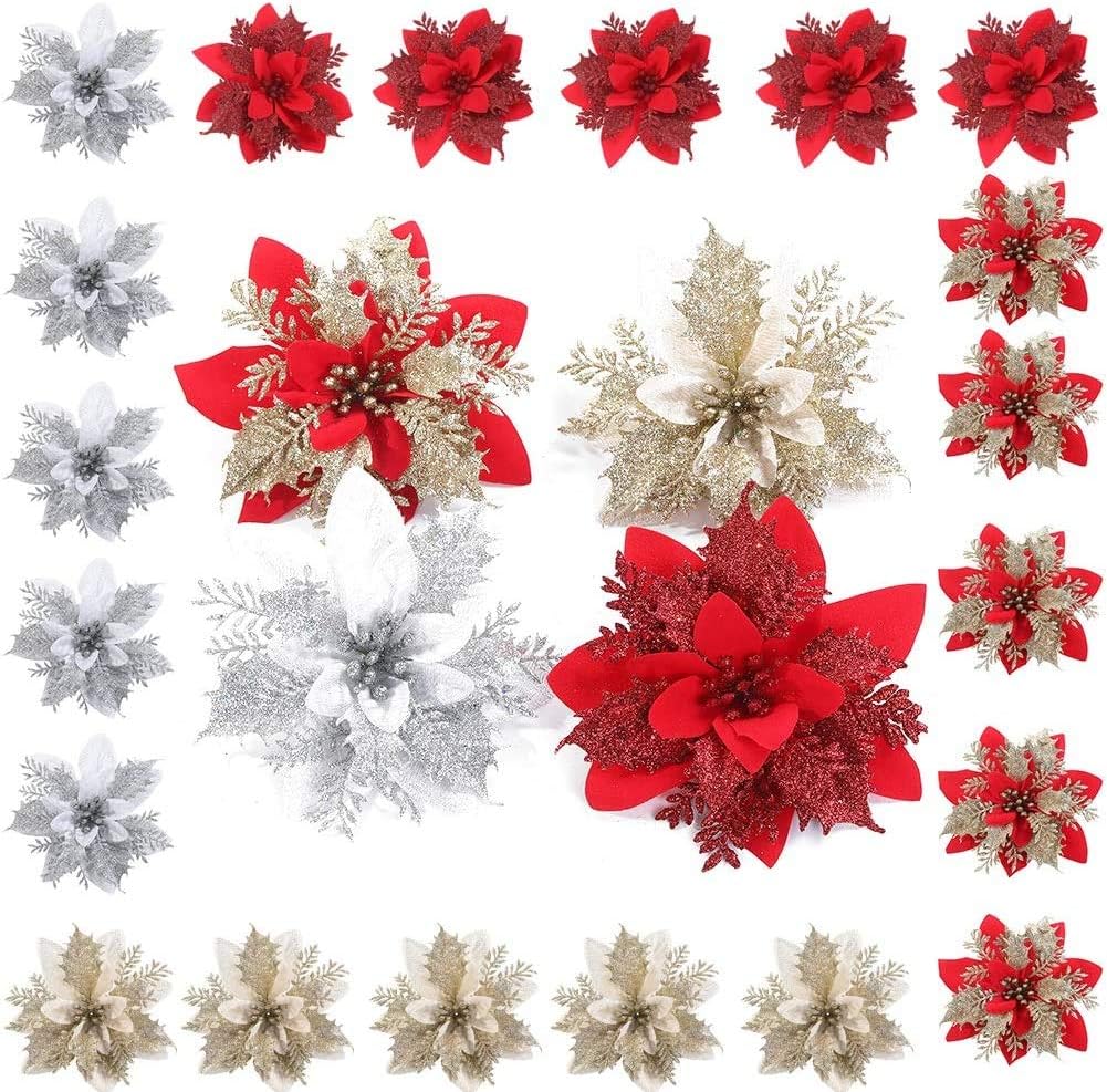 Poinsettia Artificial Flowers Christmas Wreath Decorations Glitter
