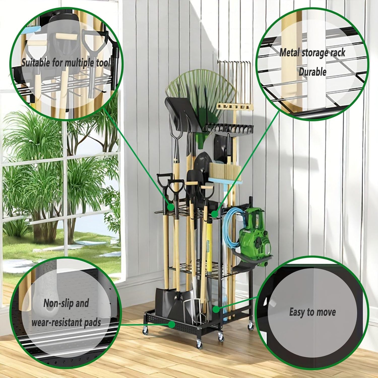 Portautensili da giardino per l'organizzazione del garage, sistema di archiviazione degli attrezzi da esterno, organizer da giardino per uso interno ed esterno, soluzione efficiente per riporre gli