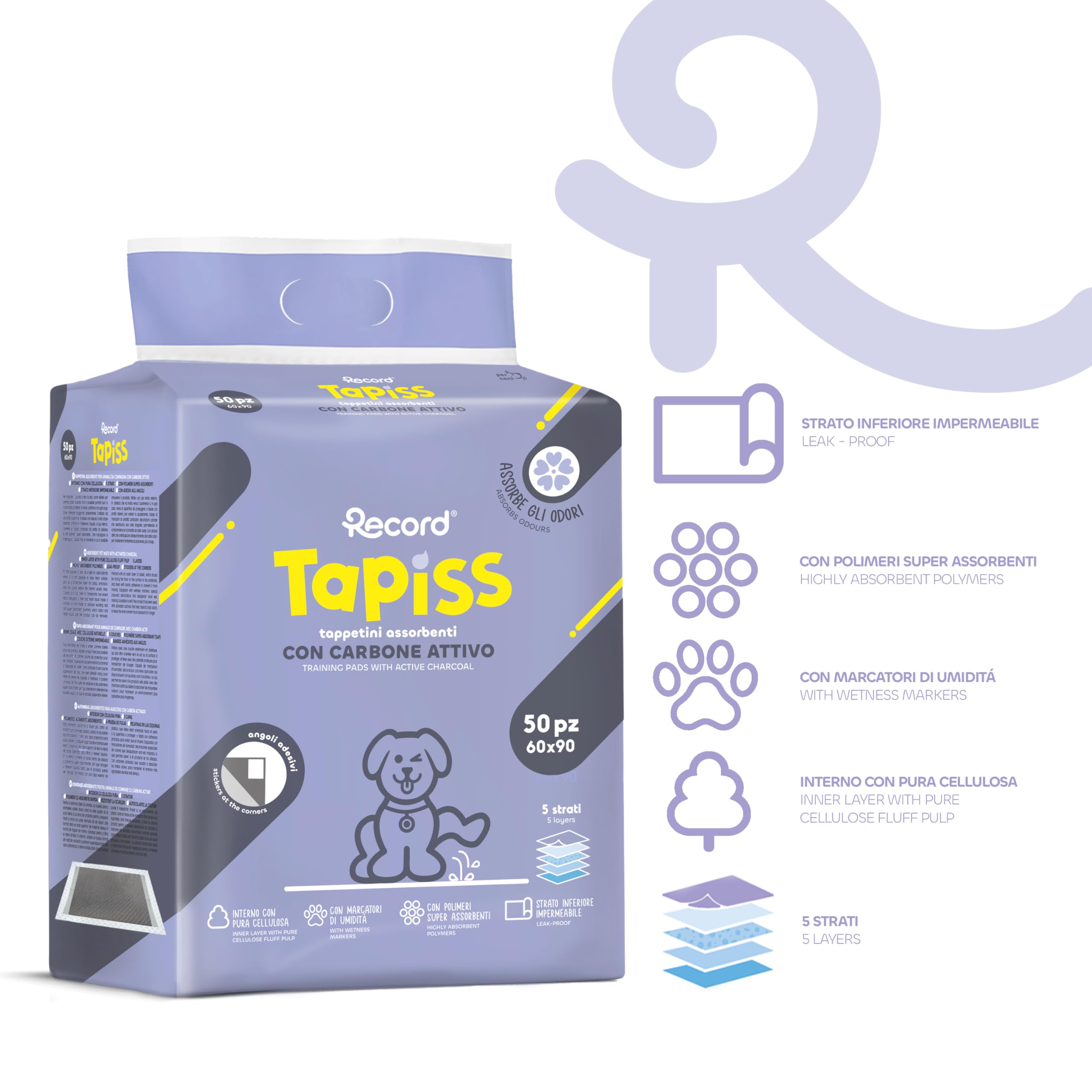 Record Tapiss Tappetini per Cani Usa e Getta Ultra Assorbenti ai Carboni Attivi con Base Impermeabile. Traverse per cani con Pura cellulosa e Angoli Adesivi|Confezione 50 tappetini, Misure 60 x 90 cm