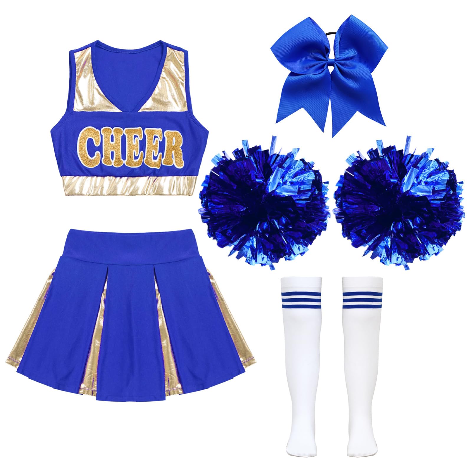 IEFIEL Cheerleading Pompons Fille Pom-Pom Girls Pompoms Haut Jupe Chaussettes Danse Sports Enfant Ensemble Uniforme Scolaire Halloween Fête Performance