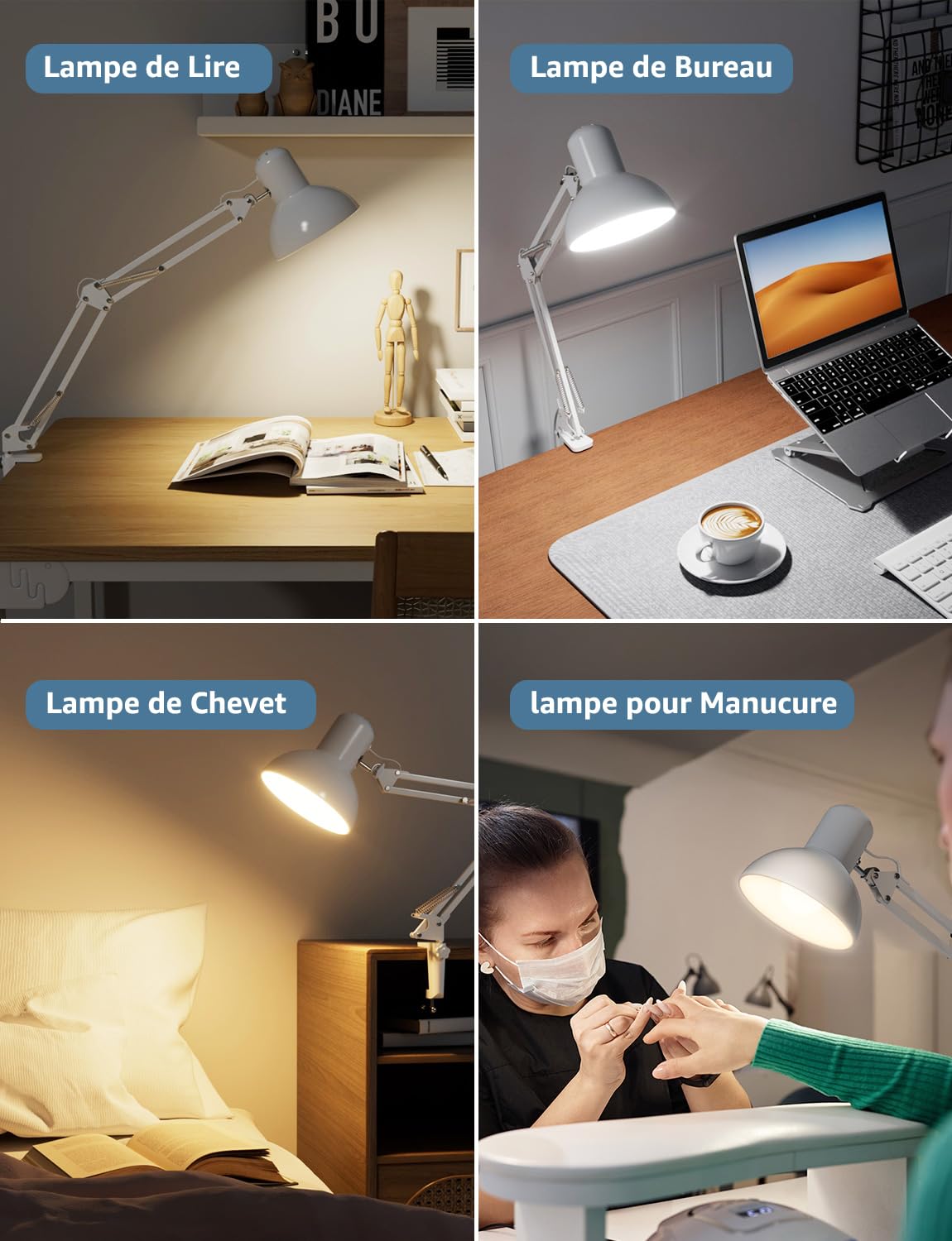 Lepro Lampe de Bureau Pince E27 Métal Interrupteur à Fil Blanc